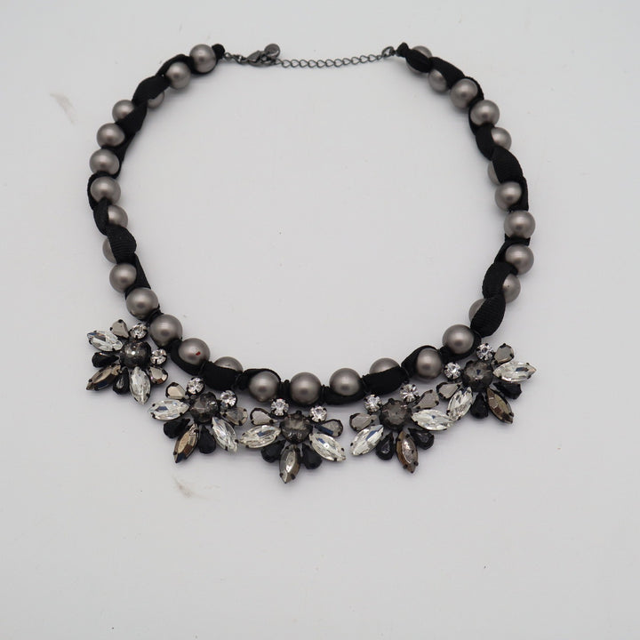 Loft Statement Necklace Gunmetal Faux Pearl Crystal Floral Bib Ribbon