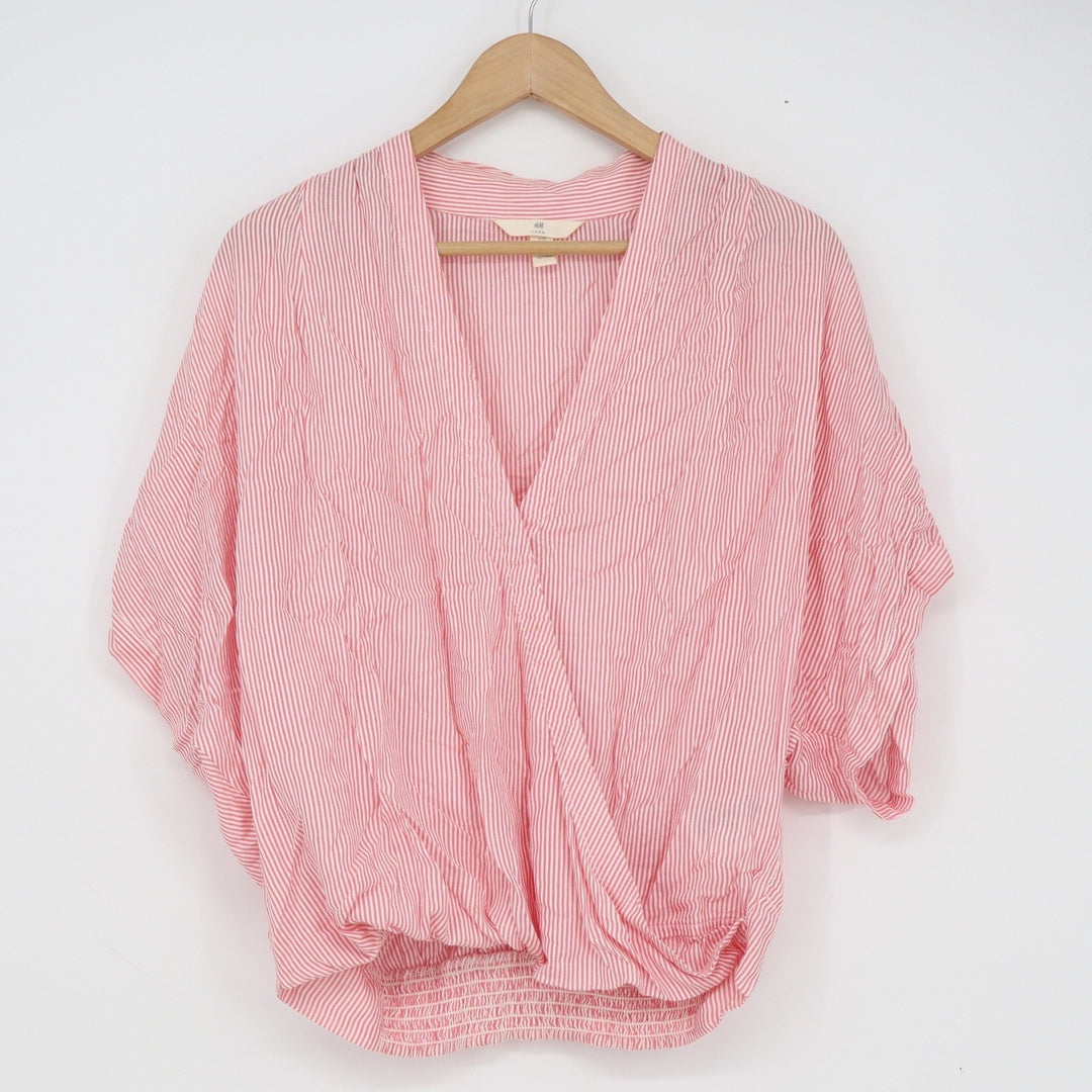 HM LOGG Pink White Striped Surplice Blouse Smocked Hem Dolman Sleeve Size 6