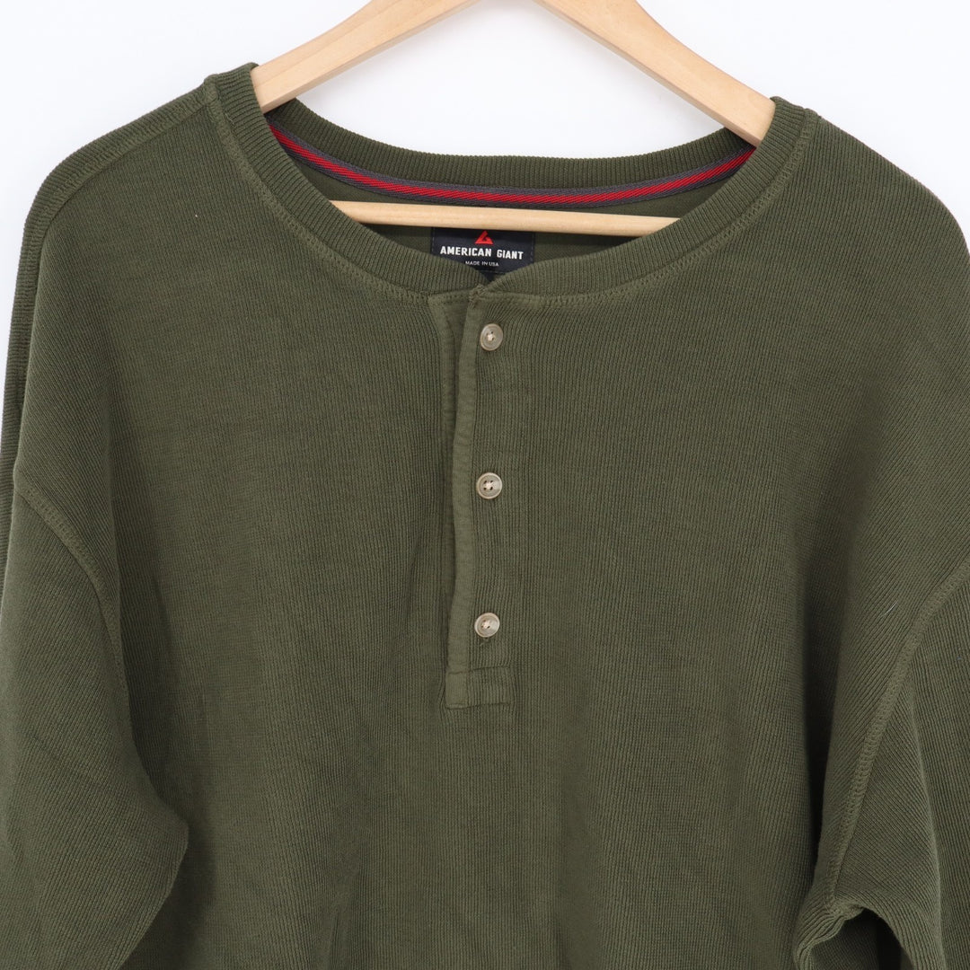 American Giant French T-Shirt Mens XL Olive Green Cotton Ribbed Henley Neck