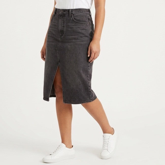 Universal Thread Midi Skirt Womens 14 Black Denim Cotton Stretch Front Slit