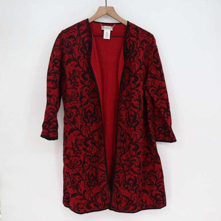 Kasper Jacket Womens XL Red Black Floral Jacquard Cotton Stretch Open Front