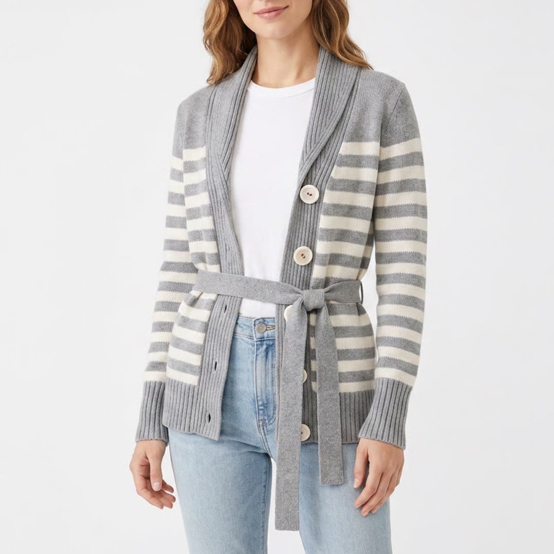 Banana Republic Cardigan Sweater Womens M Gray White Striped Cotton Knit Ribbed