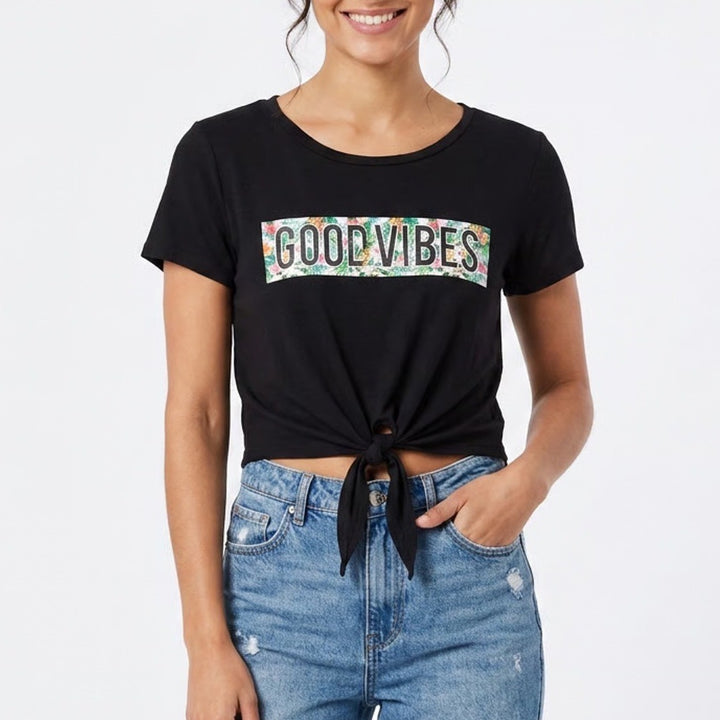 S.R. by Sweet Rain Black Good Vibes Floral Graphic Tie Front Crop Tee Size M