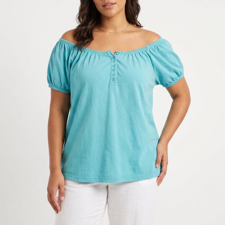 Mainstreet Blues Womens 1X Turquoise Blue Cotton Henley Peasant Top Short Sleeve