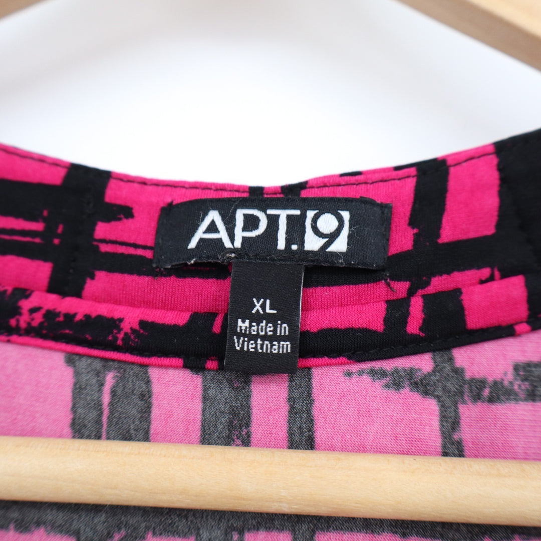 Apt. 9 Blouse Top Womens XL Pink Black Abstract Print Stretch Neck Chain Detail