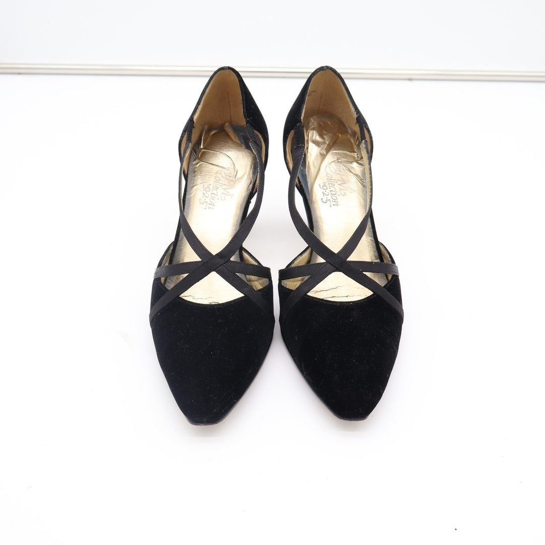 The PM Collection 9-2-5 Black Velvet Strappy Pointed Toe Heels Womens 8M