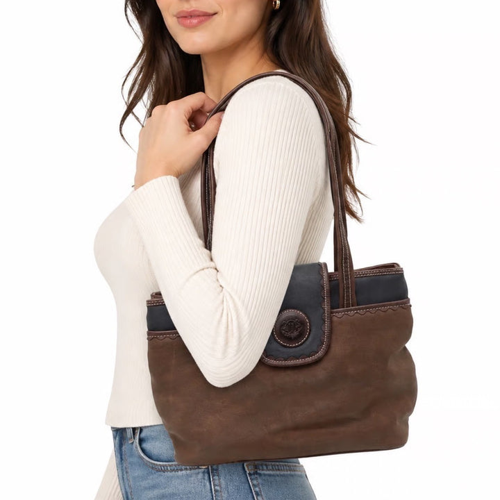 Leslie Fay Shoulder Bag Womens Medium Tote Brown Black Faux Lizard Trim