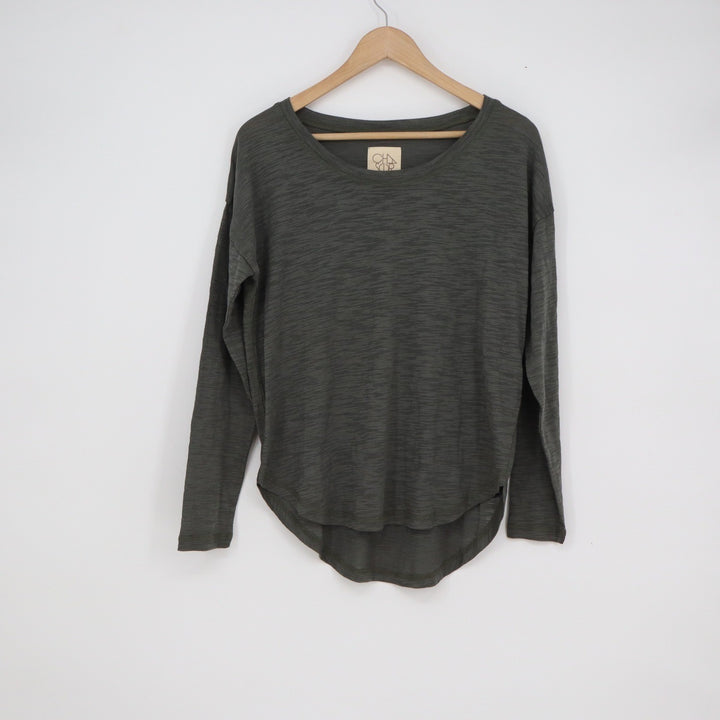 Chaser Womens Long Sleeve Slub Knit Scoop Neck High Low Top Olive Green S NEW