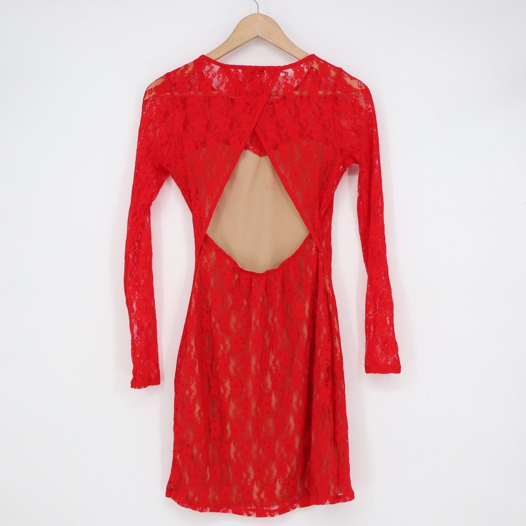 Express Red Floral Lace Open Back Long Sleeve Mini Bodycon Dress XS 10368