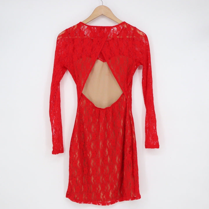 Express Red Floral Lace Open Back Long Sleeve Mini Bodycon Dress XS 10368