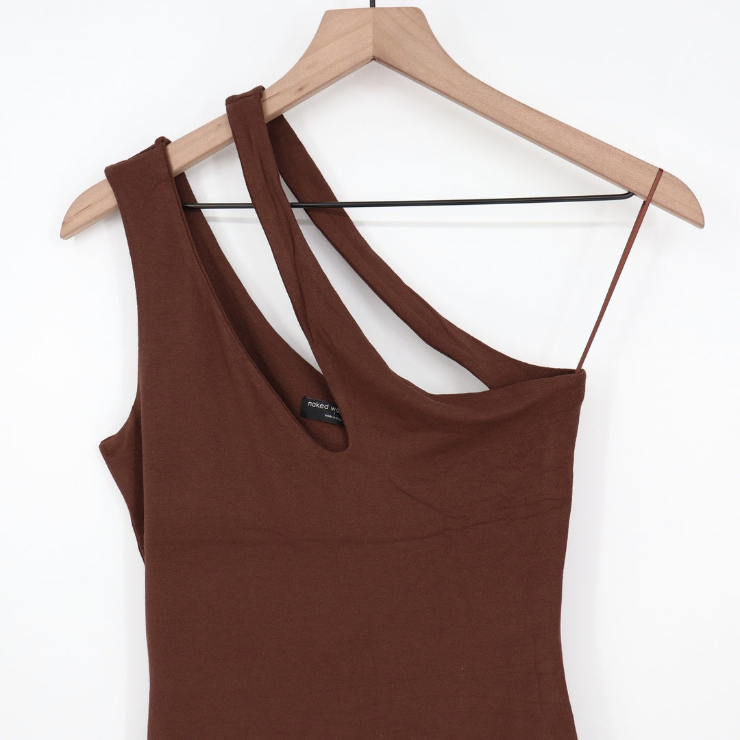 Naked Wardrobe Brown Asymmetrical One Shoulder Mini Dress Large