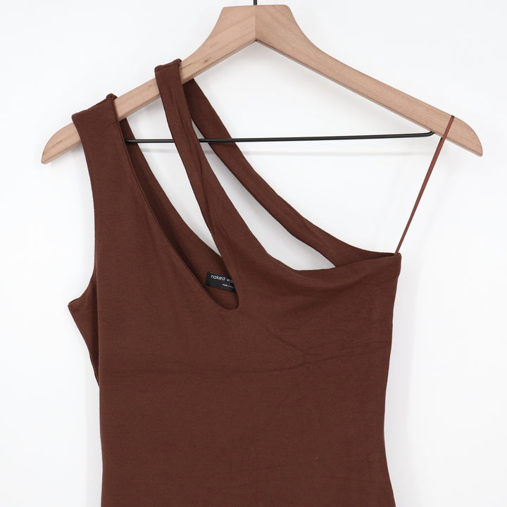 Naked Wardrobe Brown Asymmetrical One Shoulder Mini Dress Large