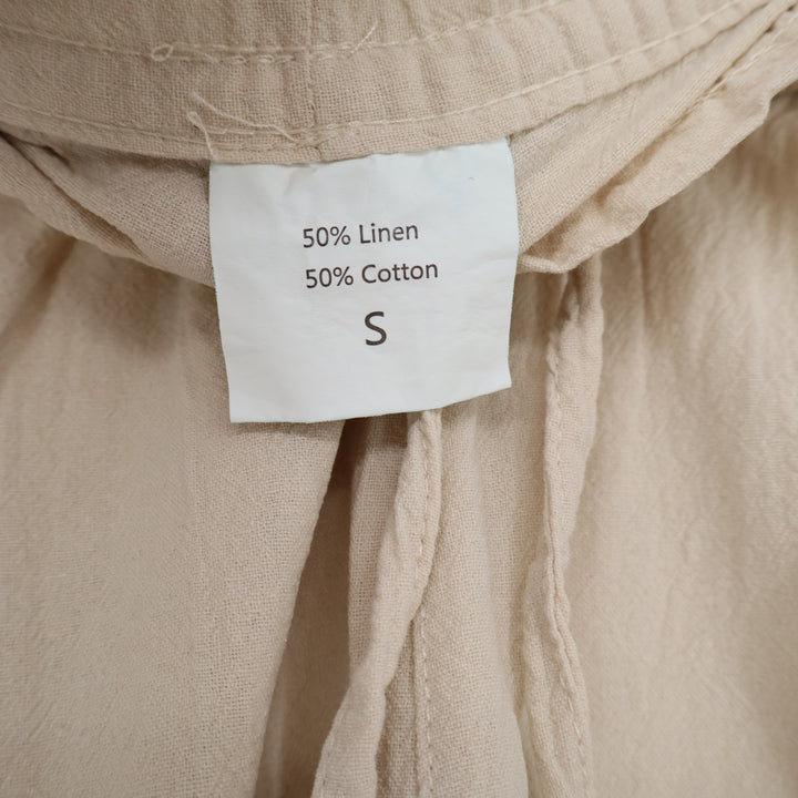 Linen Cotton Blend Wide Leg Crop Pants Beige Elastic Waist Drawstring Small