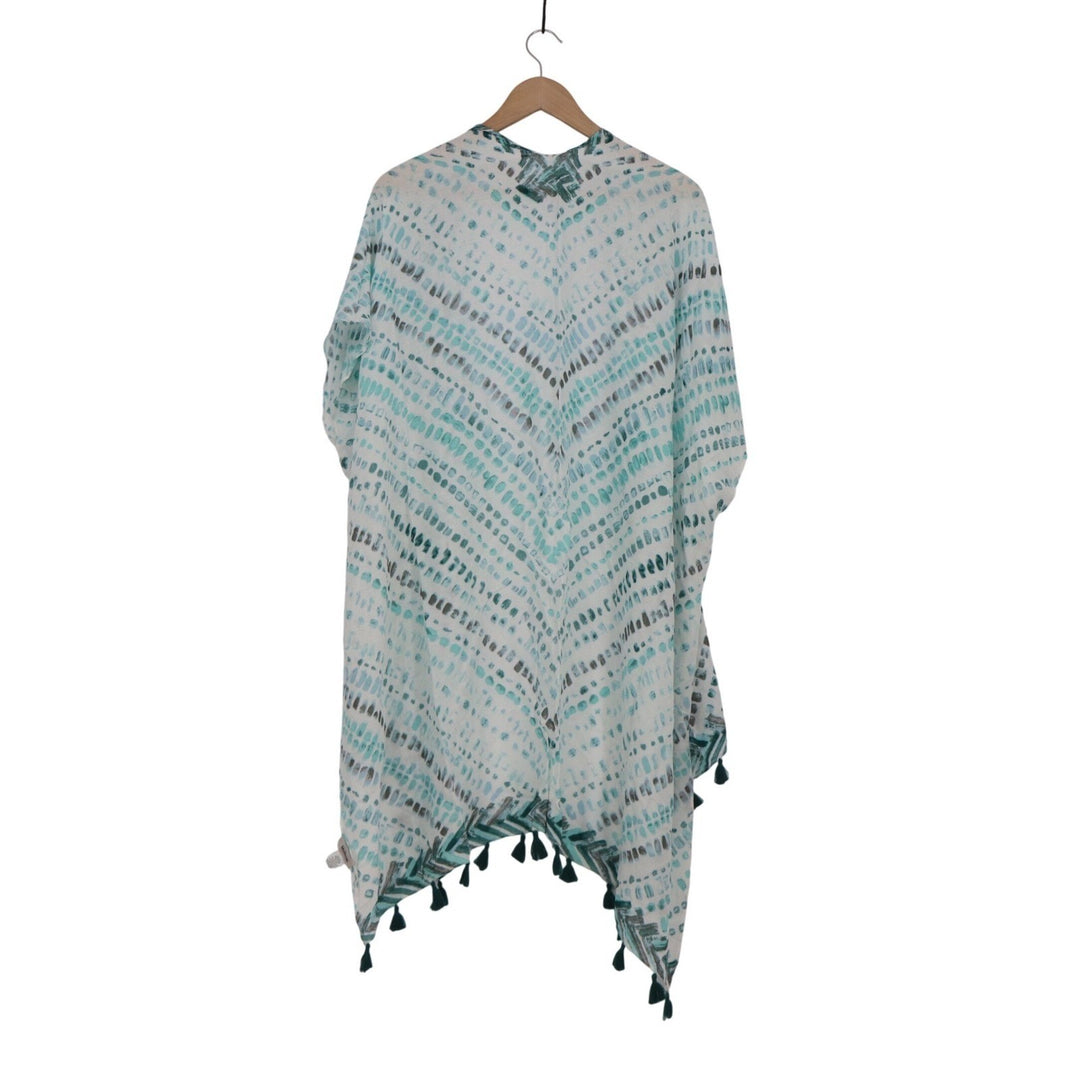 Modena Teal Abstract Chevron Tassel Kimono Wrap One Size Open Front Coverup