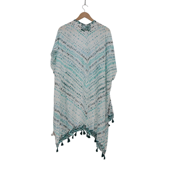 Modena Teal Abstract Chevron Tassel Kimono Wrap One Size Open Front Coverup