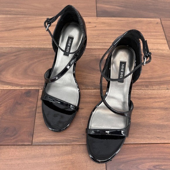Nine West Black Patent Leather Ankle Strap Stiletto Heel Sandals Size 8M
