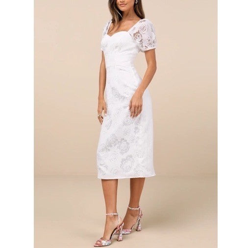 Lulus Odetta Burnout Puff Sleeve Lace-Up Midi Dress Womens Large White Floral