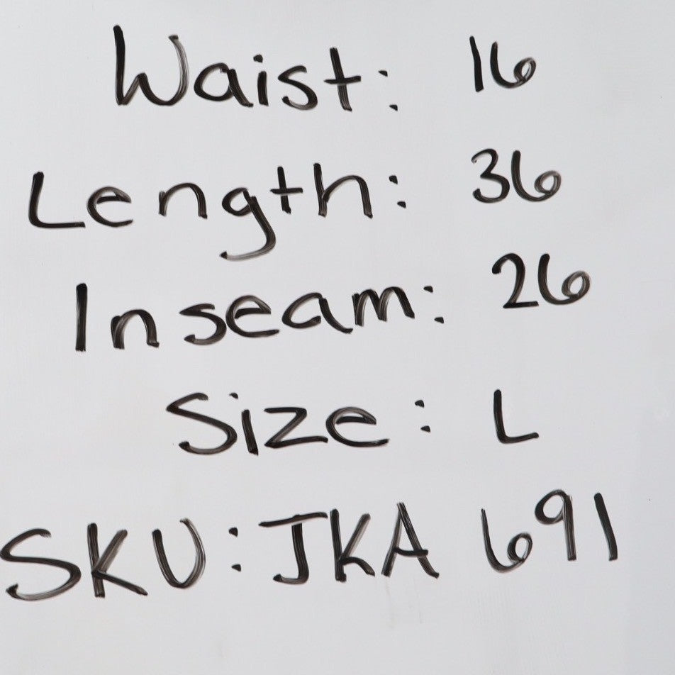 Measurement chart with waist, length, in-seam, size, and SKU information on a white background.
