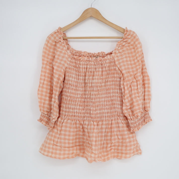 Max Studio Blouse Womens XL Blush Checked Smocked Square Neck Balloon Sleeve