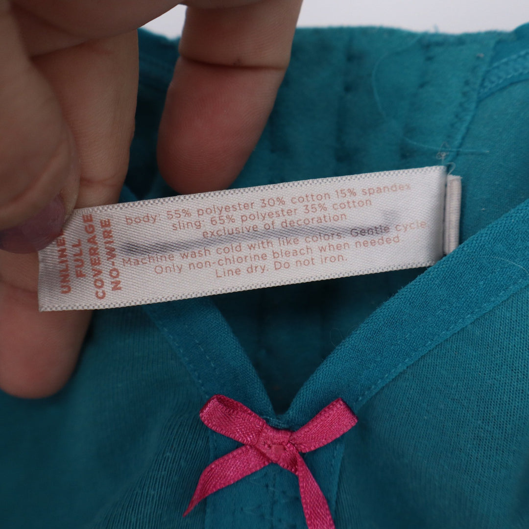 Cacique Teal Blue Wire-Free Full Coverage Bra 40F Cotton Blend Striped Trim