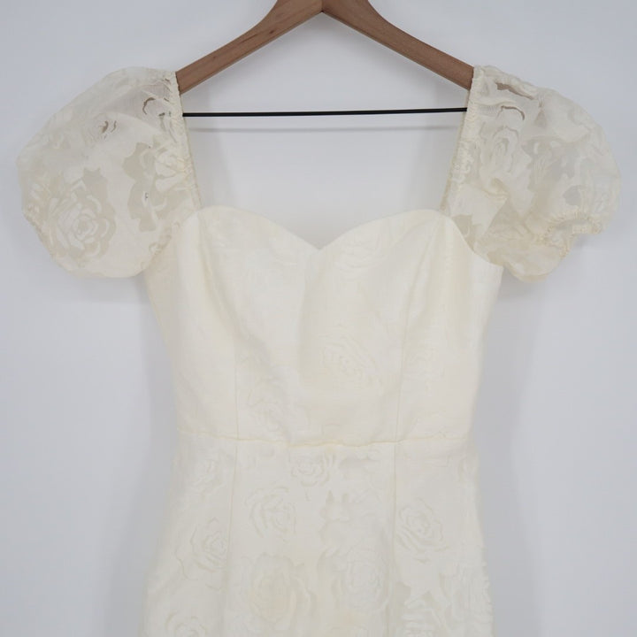 Lulus Odetta Midi Dress Womens Small White Cotton Burnout Puff Sleeve Lace-Up