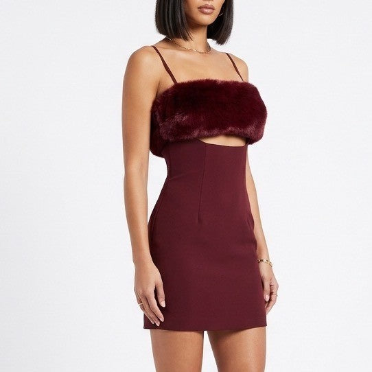 Naked Wardrobe Marron Burgundy Faux Fur Trim Cutout Mini Dress Size Small