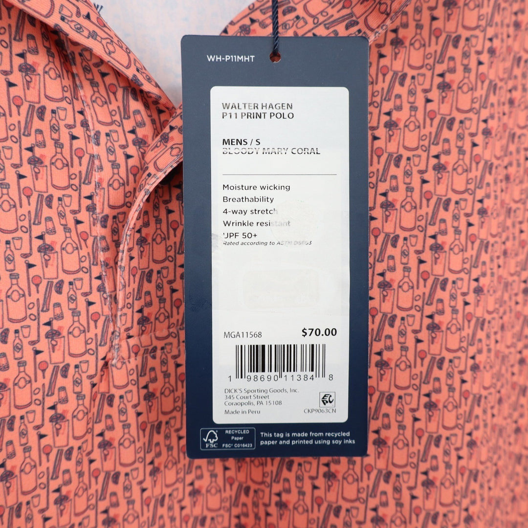 Walter Hagen Mens P11 Print Polo Bloody Mary Coral Pink Golf Shirt S