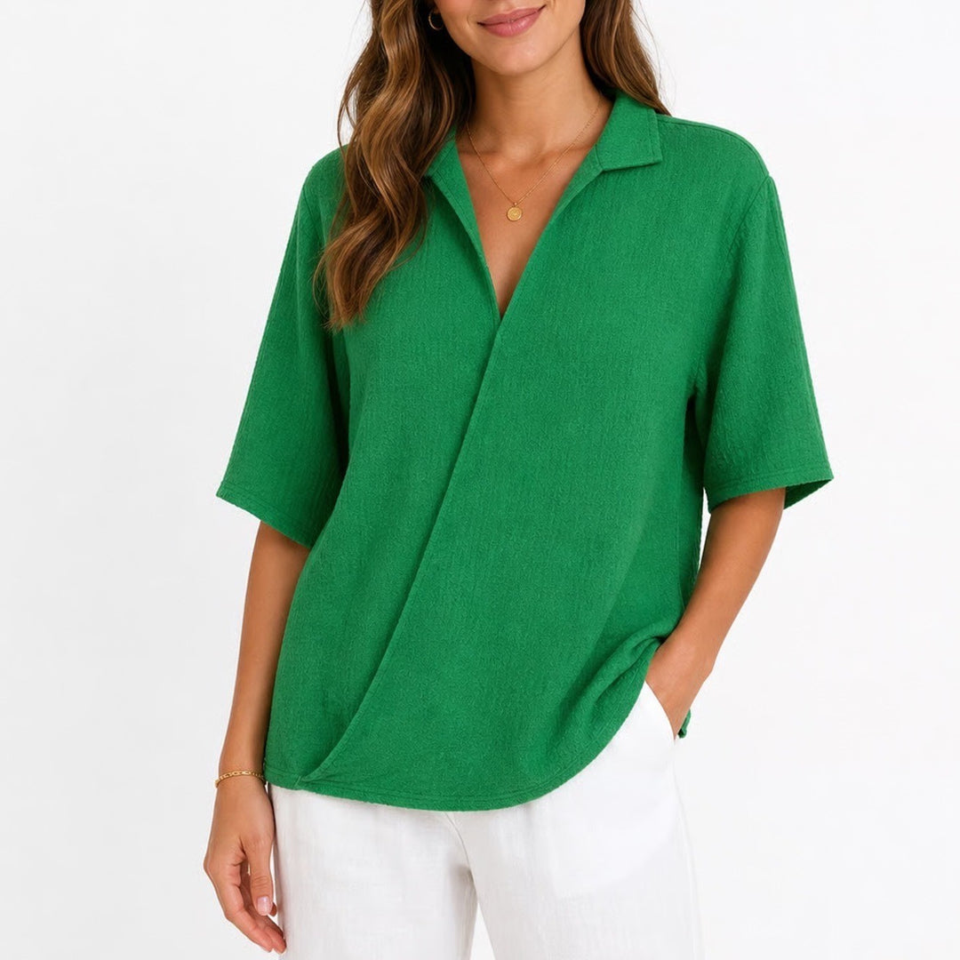 Shein Women's Green Textured Wrap Front Short Sleeve Polo Shirt Size M