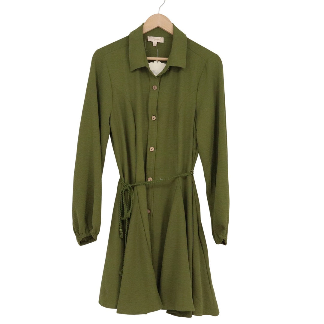 Indulge In Style Olive Green Button Down Mini Dress XL Long Sleeve Belted New