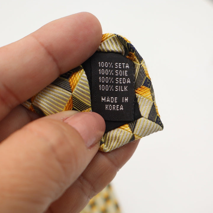 Mens Gold Tan Navy Blue Geometric Box Pattern 100% Silk Necktie Made in Korea