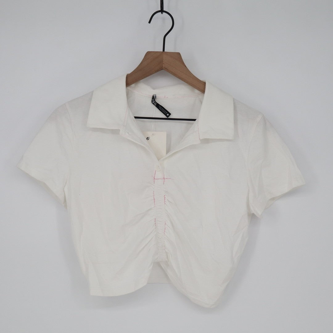 Zara Crop Shirt Womens S White Cotton Ruched Detailing Spread Collar Button Up