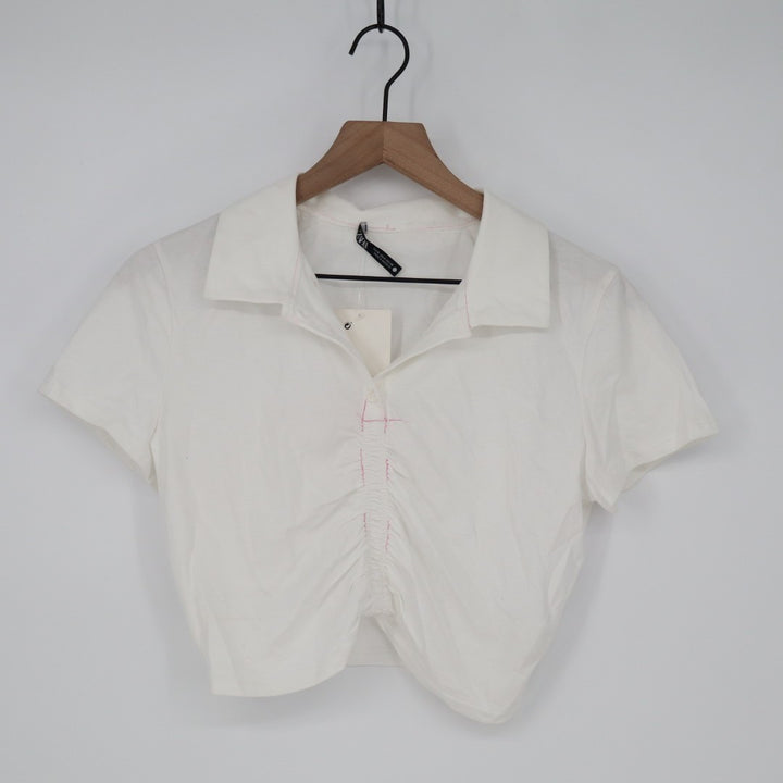 Zara Crop Shirt Womens S White Cotton Ruched Detailing Spread Collar Button Up