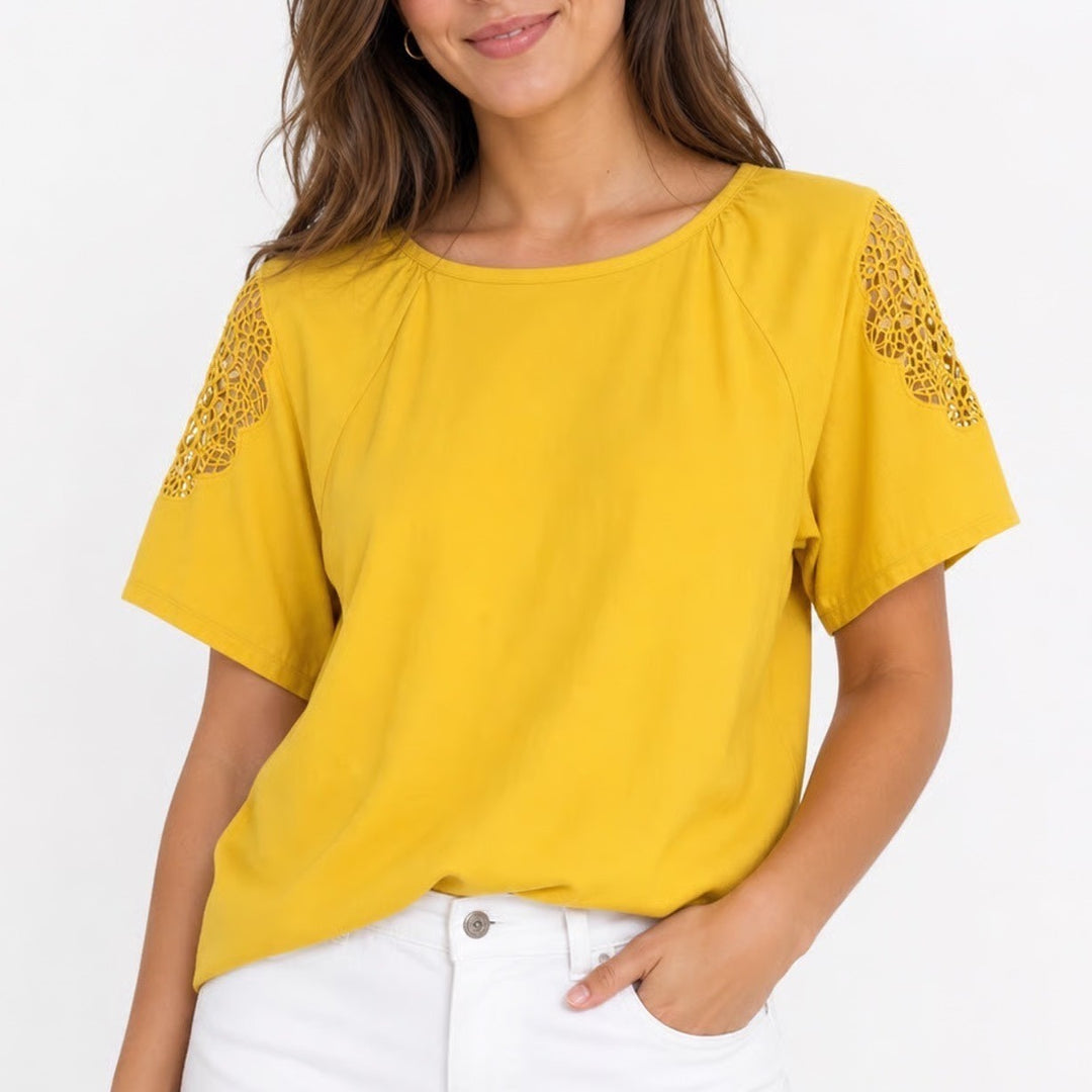 Old Navy Womens Small Yellow Crochet Lace Shoulder Short Sleeve Cotton Top
