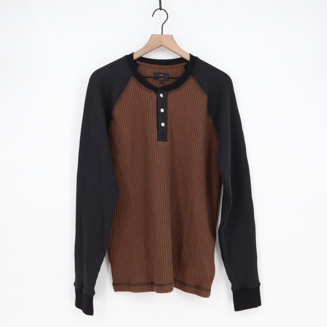 American Giant T-Shirt Mens Large Cocoa Black Colorblock Waffle Knit Henley Neck
