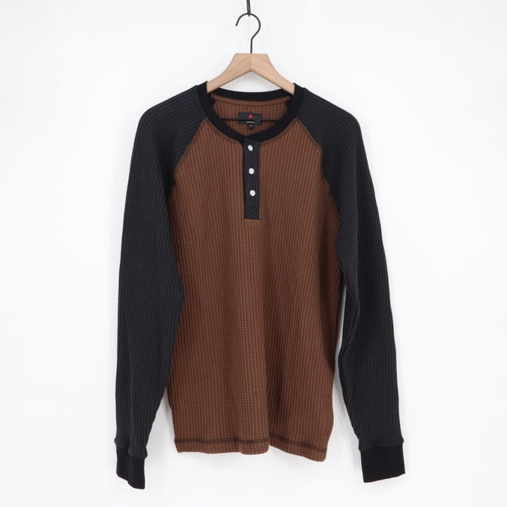 American Giant T-Shirt Mens Large Cocoa Black Colorblock Waffle Knit Henley Neck