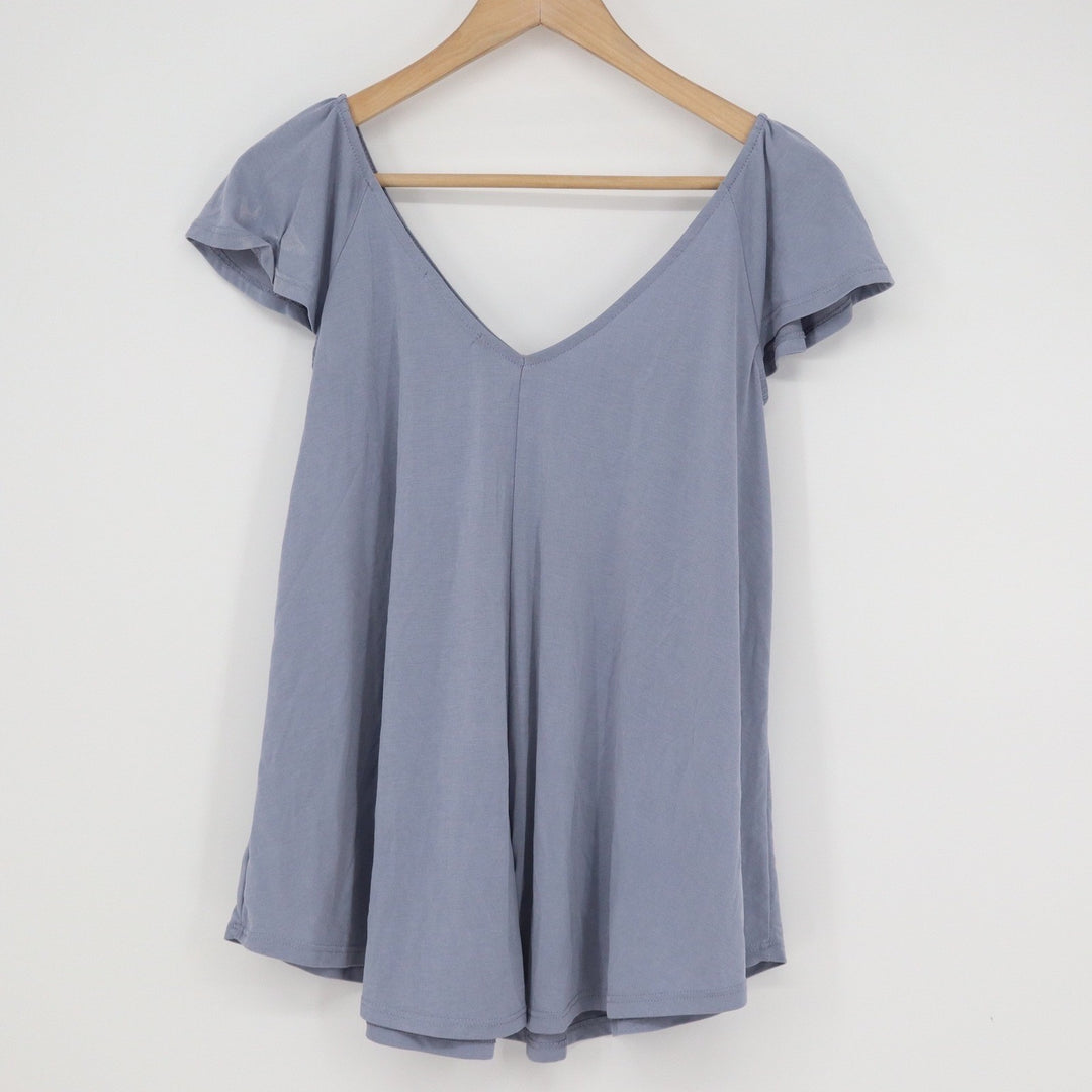 Green Envelope Dusty Blue Flutter Sleeve V-Neck Modal Blend Top Small