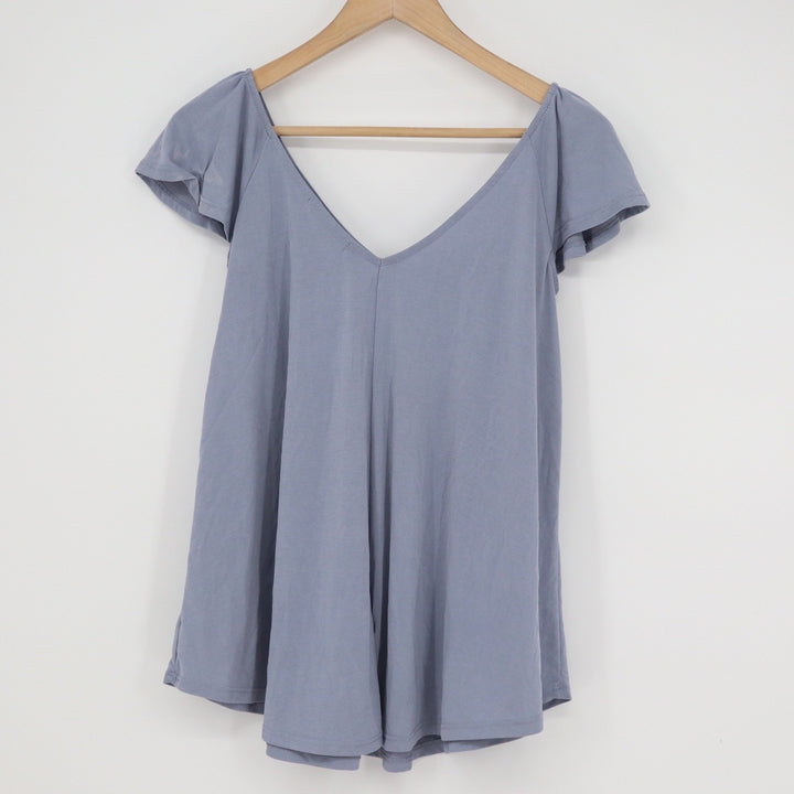 Green Envelope Dusty Blue Flutter Sleeve V-Neck Modal Blend Top Small