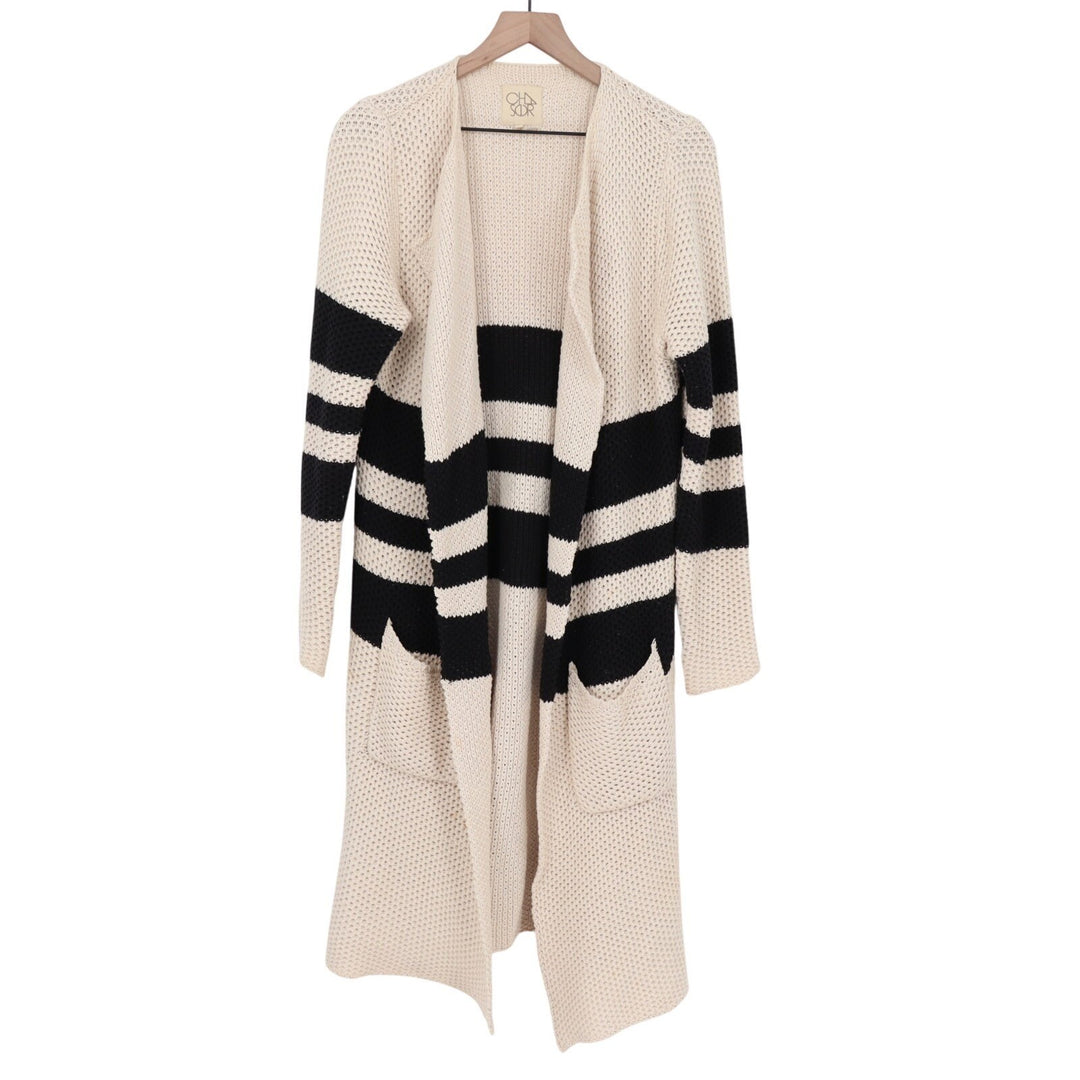 Chaser Cardigan Sweater Womens Medium Beige Black Striped Cotton Knit Open Front