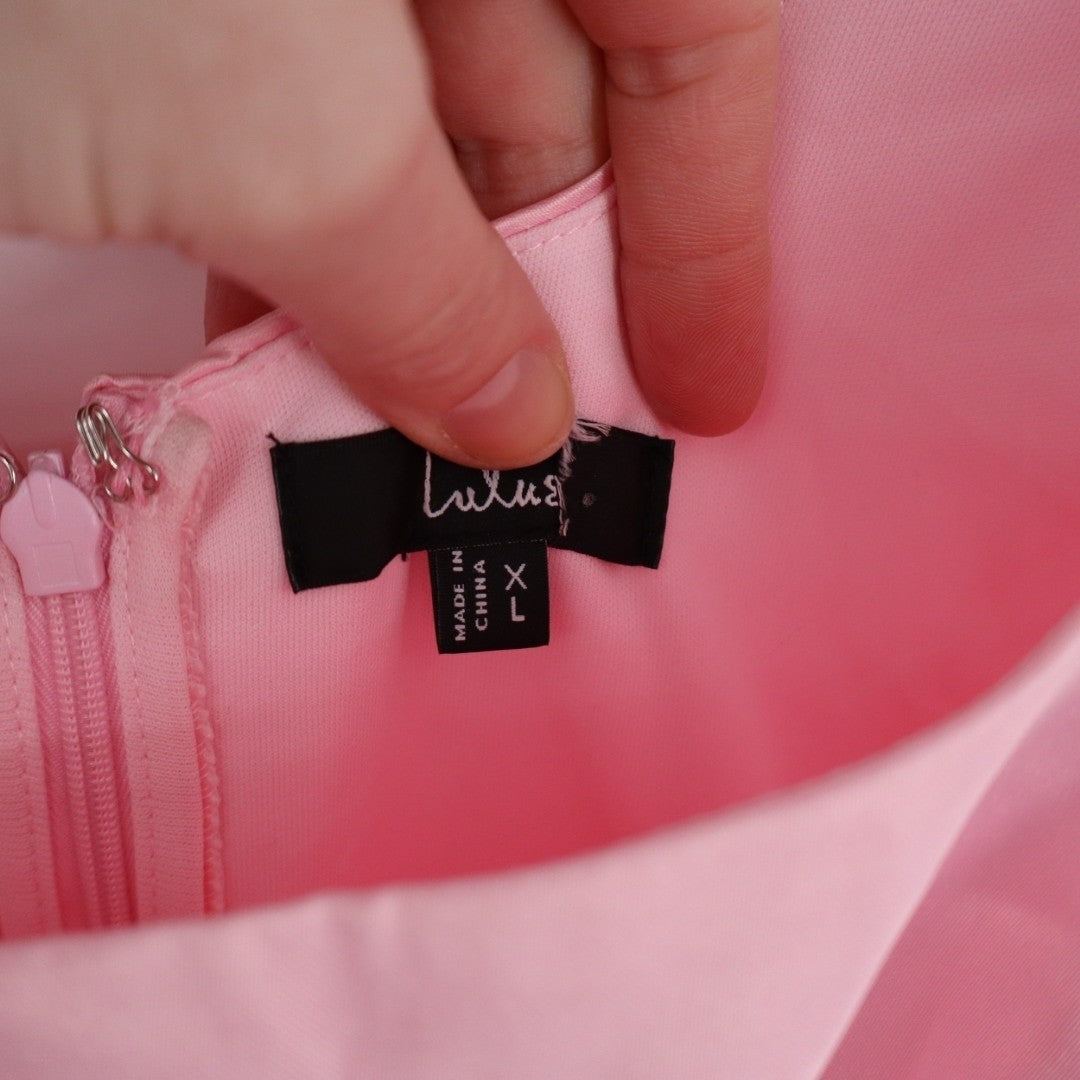 Lulus Regal Cutie Mini Dress Womens XL Light Pink Satin Square Neck Bubble Hem