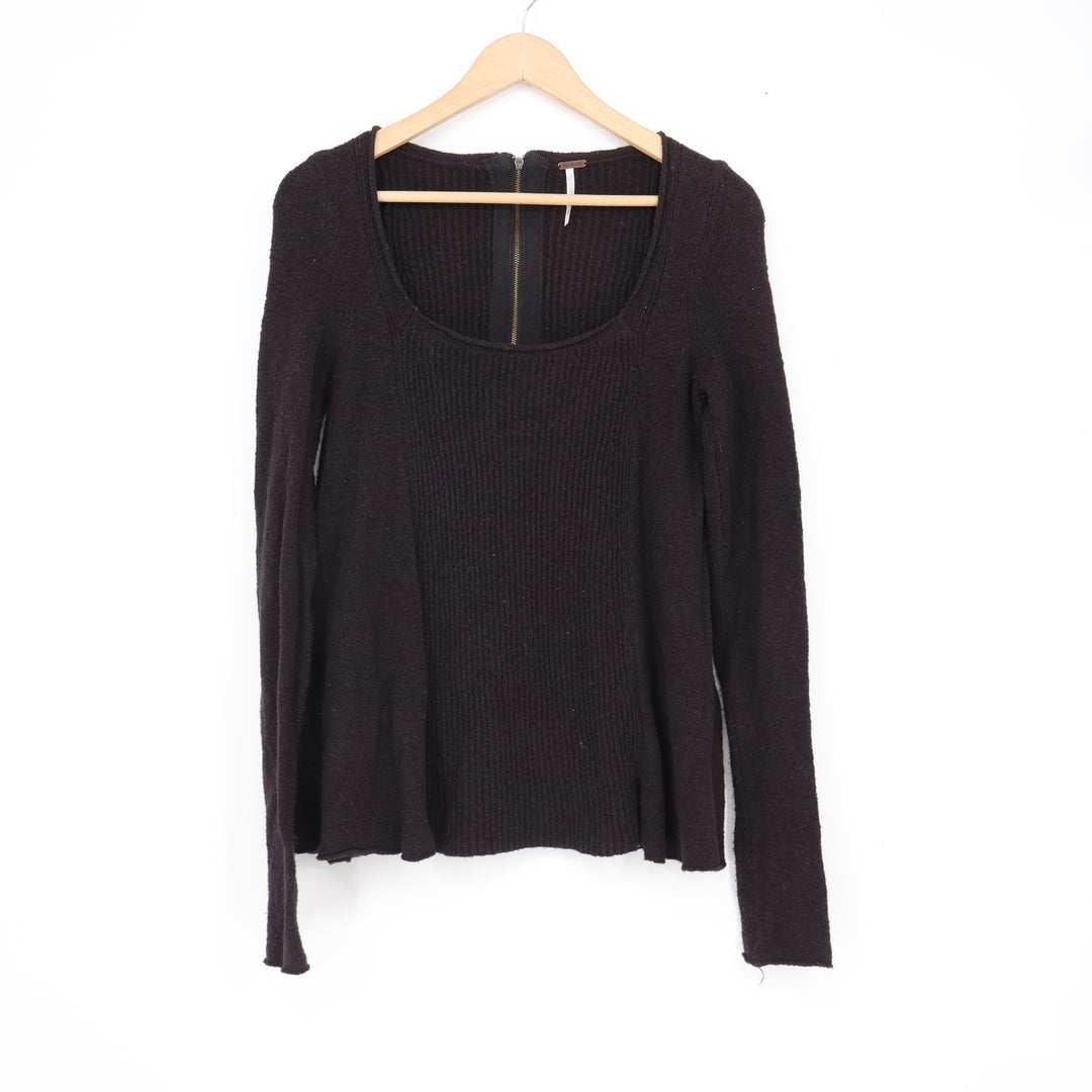 Free People Ribbed Knit Scoop Neck Long Sleeve Top Black XS Exposed Back Zipper