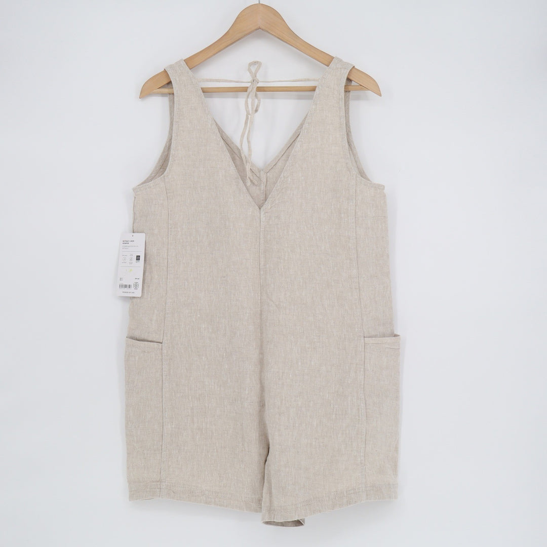 Athleta Retreat Linen Romper Oatmeal Beige V-Neck Sleeveless Pockets M