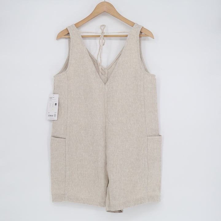 Athleta Retreat Linen Romper Oatmeal Beige V-Neck Sleeveless Pockets M