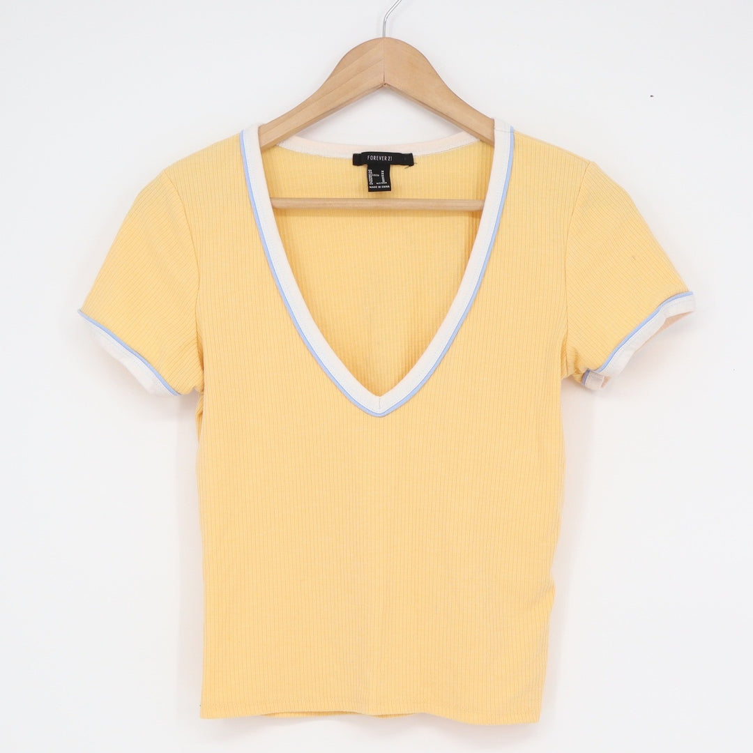 Forever 21 Yellow Ribbed V-Neck Ringer T-Shirt Short Sleeve Medium