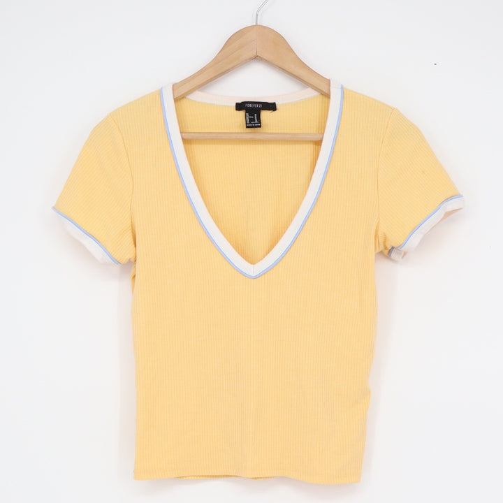 Forever 21 Yellow Ribbed V-Neck Ringer T-Shirt Short Sleeve Medium