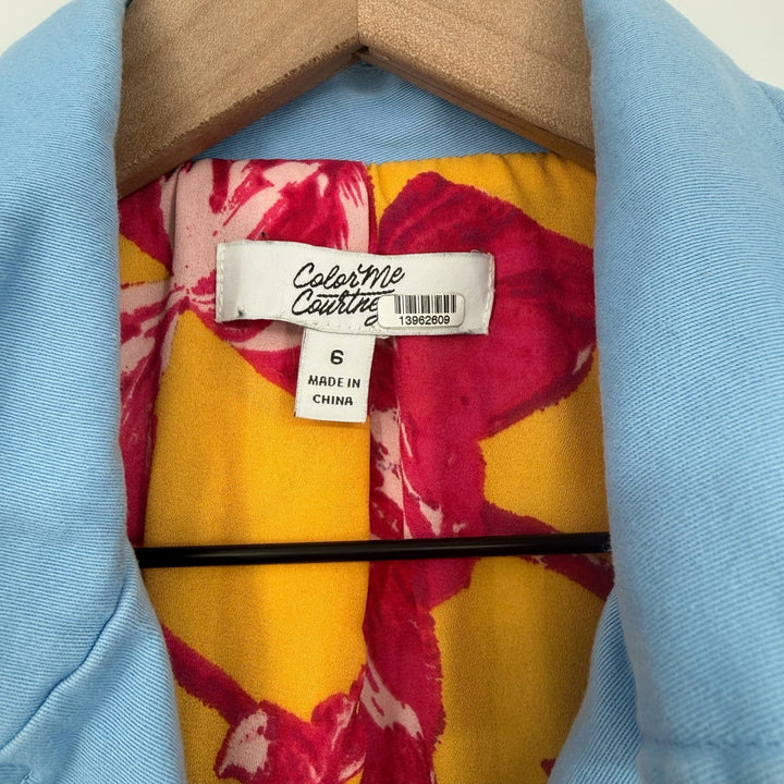 Color Me Courtney Light Blue Cropped Moto Jacket With Floral Lining Size 6