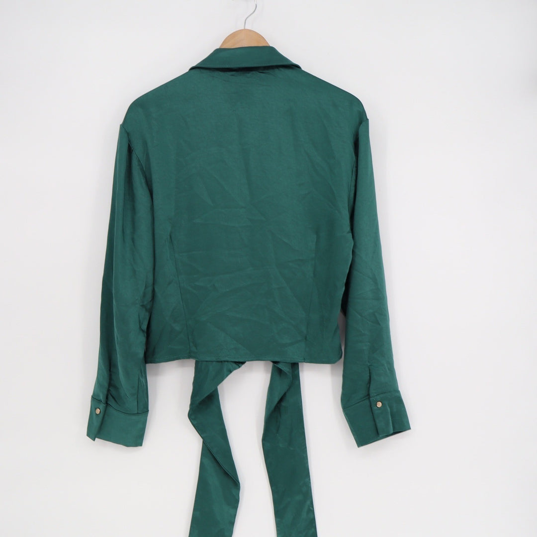 Aakaa Womens Emerald Green Satin Tie Front Cropped Blouse Top Large