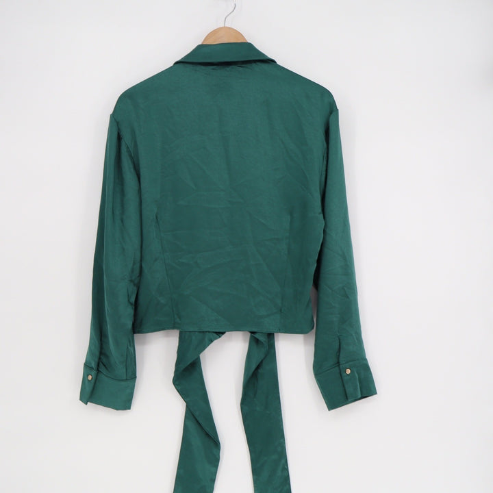 Aakaa Womens Emerald Green Satin Tie Front Cropped Blouse Top Large