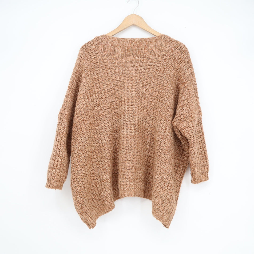Oversized Chunky Knit V-Neck Sweater Tan Marl Boho Slouchy Pullover