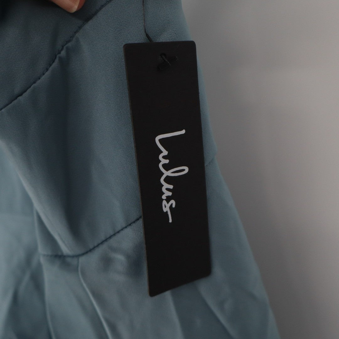 Lulus Going with Elegance Gown Dress Womens M Slate Blue Satin Tiered Back Zip