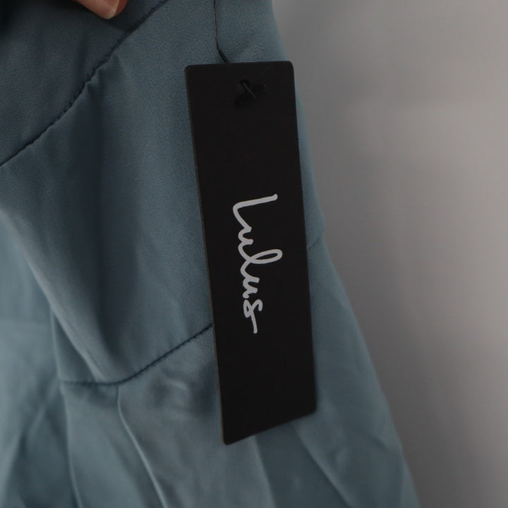 Lulus Going with Elegance Gown Dress Womens M Slate Blue Satin Tiered Back Zip